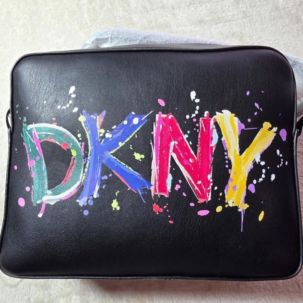DKNY Tilly Paint Splatter Logo Camera Crossbody Black Silver Hardware R92ED974